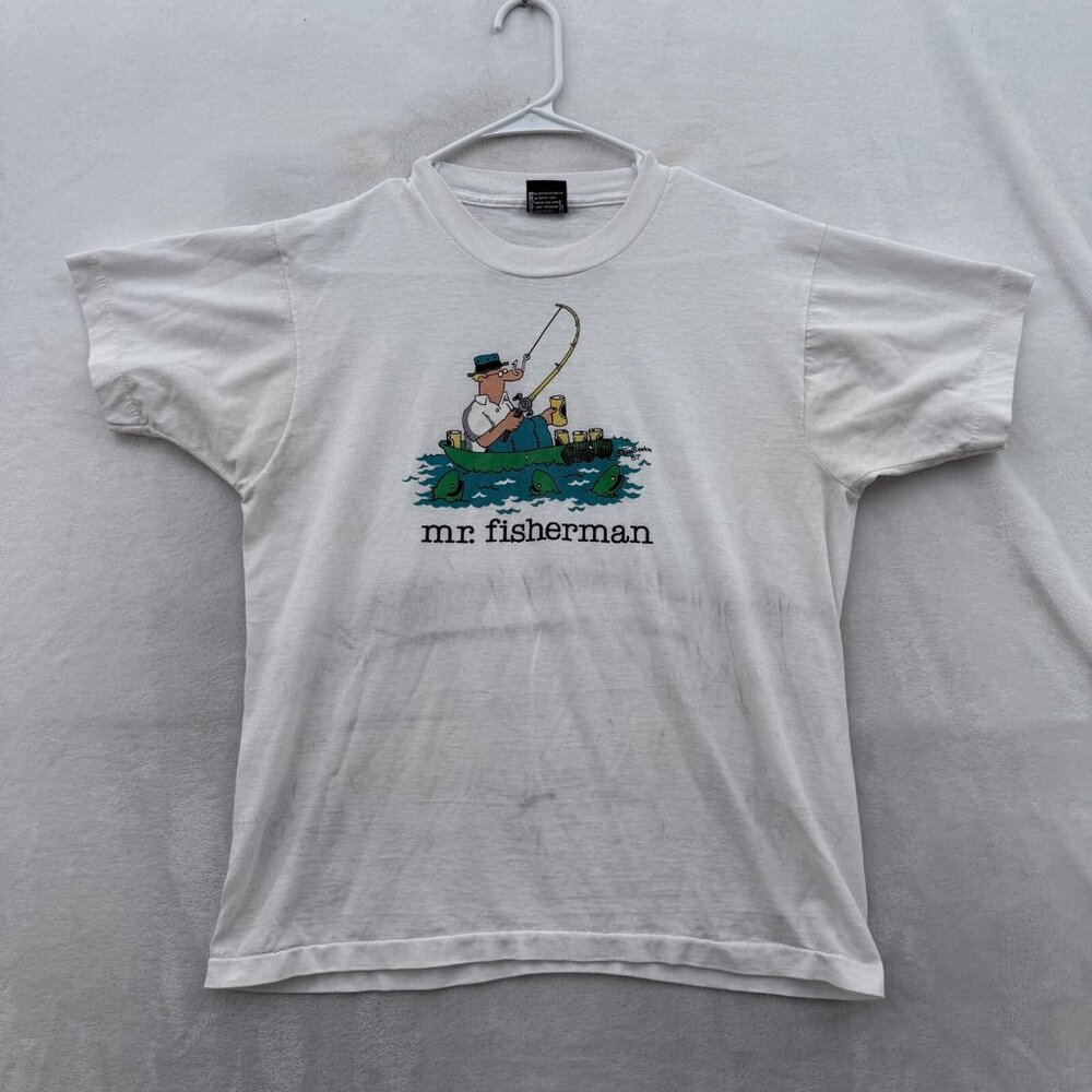 Vintage Jim Benton T Shirt Mens L White Mr Fisherman Funny Cartoon 80s USA Made